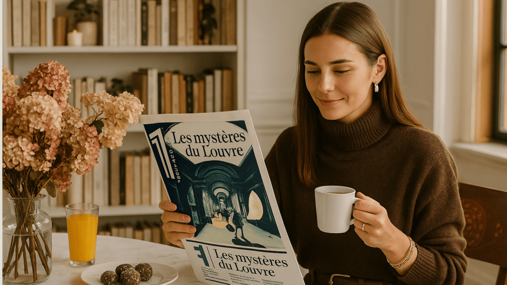 Jeune femme appréciant la douceur du matin, en sirotant son café et en lisant son magazine.